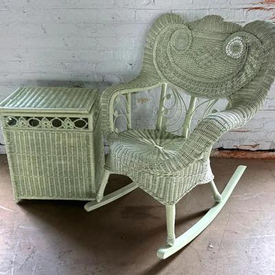 Victorian Style Wicker Rocking Chair & Hamper, Sea Foam Green