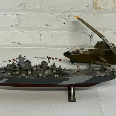 Model of the USS Missouri and an AH-1G Cobra Helicopter