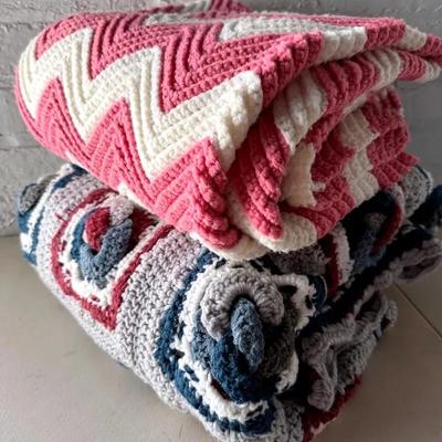 2 Hand-Made Vintage Knitted Afghans Or Throws