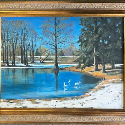 Larry Griggs Oil on Canvas Winter Lake Scene with Swans