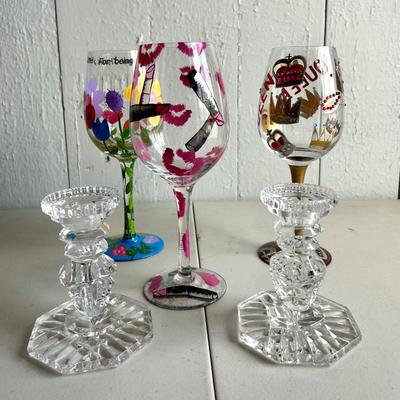 Hand Painted Lolita Wine Glasses with Pair of Candlesticks