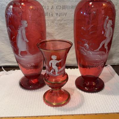 Mary Gregory Style Cranberry Glass Decanter Set-  3 pieces