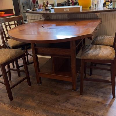 Wooden Bar Height Table With Four Barstools. 46 X 46. Four Leaves At 7 Inches Each.