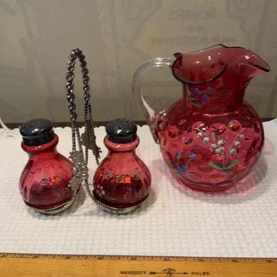 Hand-Painted Cranberry Glass, Salt And Pepper With Carrier And Small Pitcher
