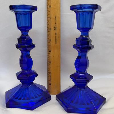 Mid Century Cobalt Blue Glass Tall Hexagonal Candle Stick Holders a Pair 
