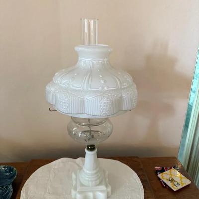 Vintage White Glass Hurricane Lamp. 23” Tall