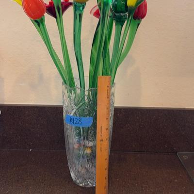 Set Of 12 Glass Floral Stems In A Cut Glass Vase