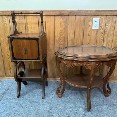 Pair of Vintage Accent Tables | Copper Lined Humidor Cabinet & Glass Top Table