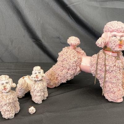 1950’s Vintage Pink Ceramic Poodle Family Figurines | Mother with Two Puppies, Chain Leash
