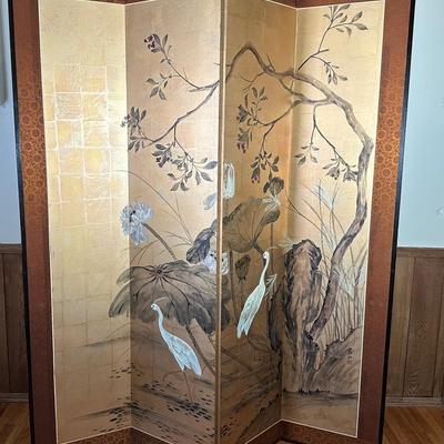 Japanese 4-Panel Folding Screen | Painted Cranes & Lotus with Gold Leaf Accents
