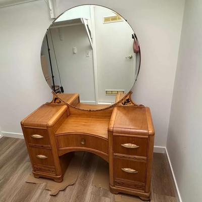 Art Deco Vanity with Round Mirror | Vintage Wood Dressing Table with Drawers