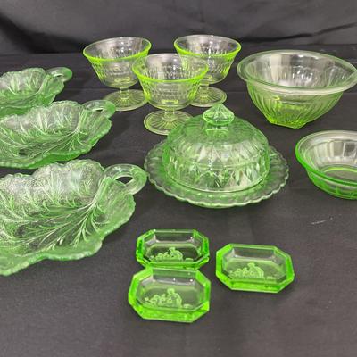 Vintage Uranium Vaseline Glass Lot | Leaf Dishes, Compotes, Bowls, Butter Dish & Trays
