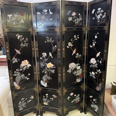 Pair of Asian Folding Screens – Lacquered Stone Inlay & Painted Gold Leaf Panels