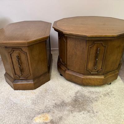 Pair of Vintage Octagon Wood Side Tables | Mid-Century Design with Brass Handles
