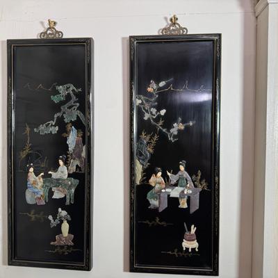 Asian Black Lacquer Wall Panels with Carved Stone & Shell Inlay Figures | Pair
