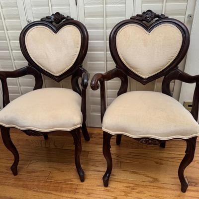 Victorian-Style Heart Back Armchairs with Rose Carved Crests & Upholstered Seats | Pair