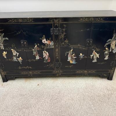 Asian Black Lacquer Sideboard Cabinet with Inlaid Stone Figures & Floral Motifs