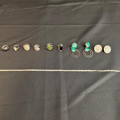 Sterling Silver Jewelry Lot | Rings, Earrings with Malachite & Green Stone, Chain Bracelet