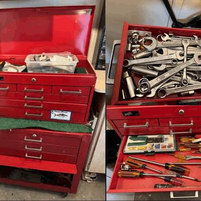 Disston “My Buddy” Red Metal Tool Chest, Rolling Base & Drawers | Contents Included | Made in USA
