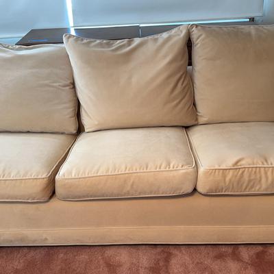 Beige Velvet 3-Cushion Sofa | Classic Upholstered Seating with Loose Back Cushions
