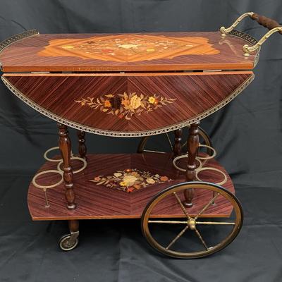 Italian Inlaid Wood Bar Cart with Floral Marquetry & Brass Accents | Made in Italy