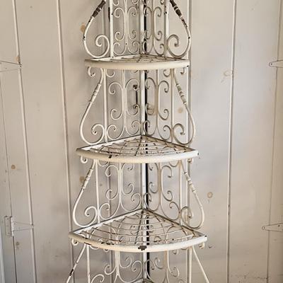 Vintage White Wrought Iron Corner Étagère | 4-Tier Shelf with Scrollwork Design
