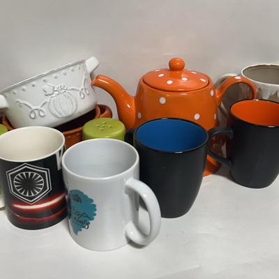 Various Mugs, Bowls, Kettle and Shakers