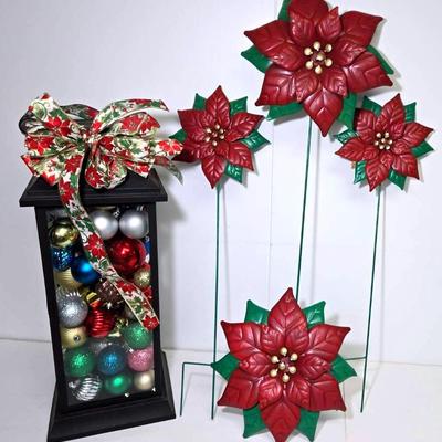Poinsettia Yard Stakes & Ornament Filled Lantern