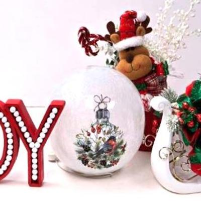 Glass Light Up Ball, Sleigh Centerpiece, & Tabletop Decor