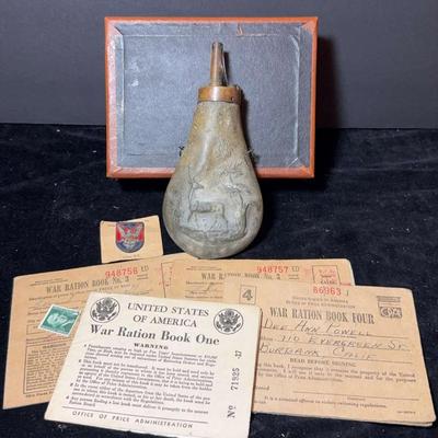 Antique powder flask ww2 award of merit pin & other collectibles