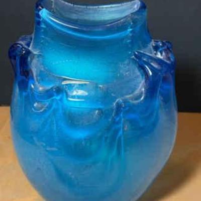 Iridescent blue glass vase signed