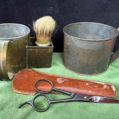 Antique shaving tin shaving brush, & hoffritz german scissors