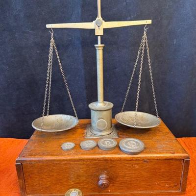 Antique box scale with weights
