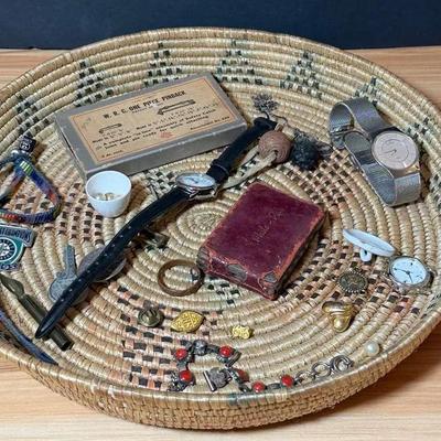 Woven basket with miscellaneous items