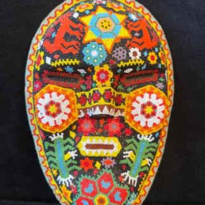 Signed juan villa de la cruz" seed bead wooden mask