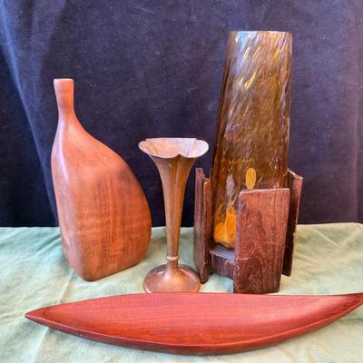 Hand crafted wooden candlestick holder leaf bowl, & vases