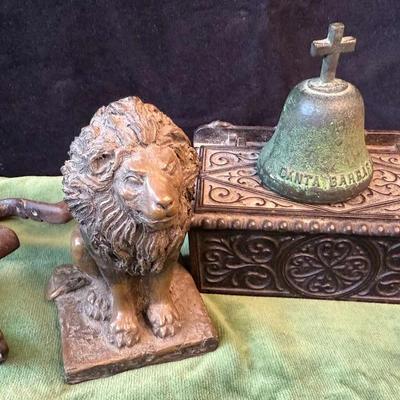 Metal collectibles brass lion horse bit, box & souvenir bell