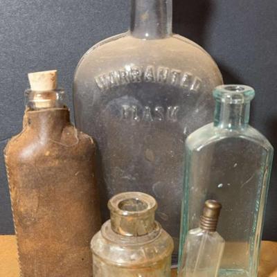 Leather wrapped flask dropper bottle, glass flask & more