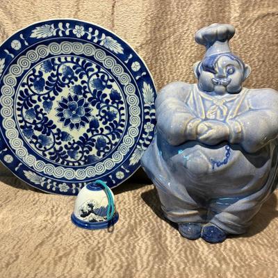 China blue” footed platter and chef cookie jar