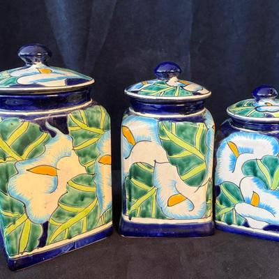 Made in mexico trio of hand painted talavera style canisters