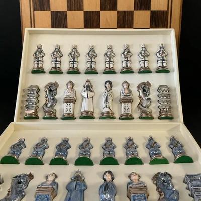 Handcrafted & Painted Ceramic Chess Set With 22k Gold Gilding, Plus Wood Board