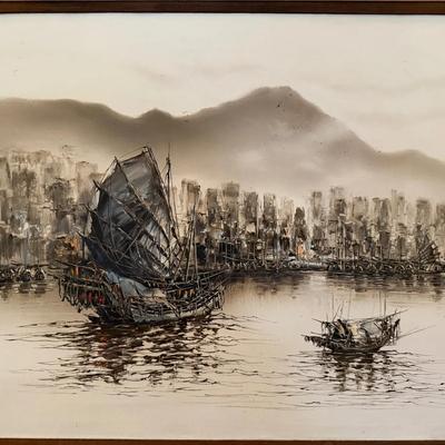 W Kwan Chinese Junk Boats Oil Painting Framed