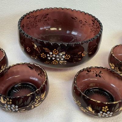 Victorian Amethyst Jefferson Glass Optic Enamel Gilt Bowl Set, Vintage