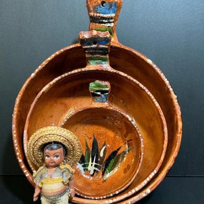 Vintage Mexican Red Ware Nesting Bowls & Folk Art Doll