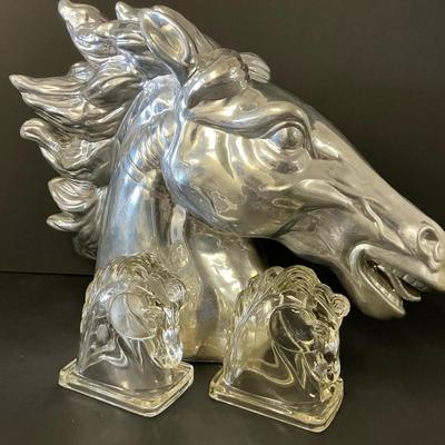 Silver Ceramic Large Horse Head & 2 Federal Glass Horse Head Book Ends, 3 Pcs
