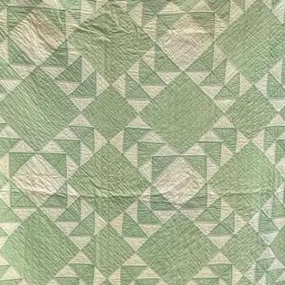Antique Celedon & Cream Bull’s Eye Quilts, Pair