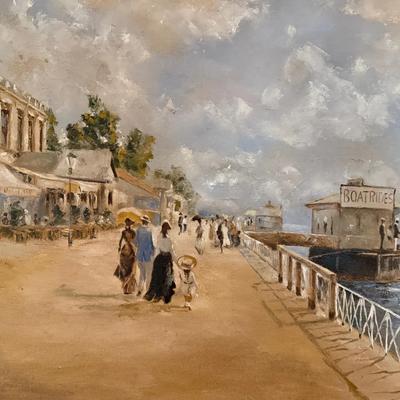 Oil Painting Waterfront Stroll Boatrides Framed