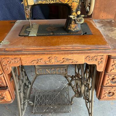 Singer Treadle Sewing Machine In Cabinet, Antique 