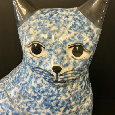 Blue Sponge Ware Cat Cookie Jar, NS Gustin Pottery, Vintage 