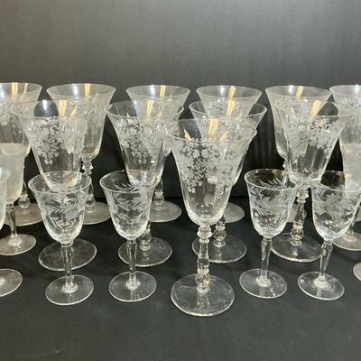 Bryce Etched Water Goblets, 11 Pcs & 7 Etched Cordials Unidentifiable, Vintage 